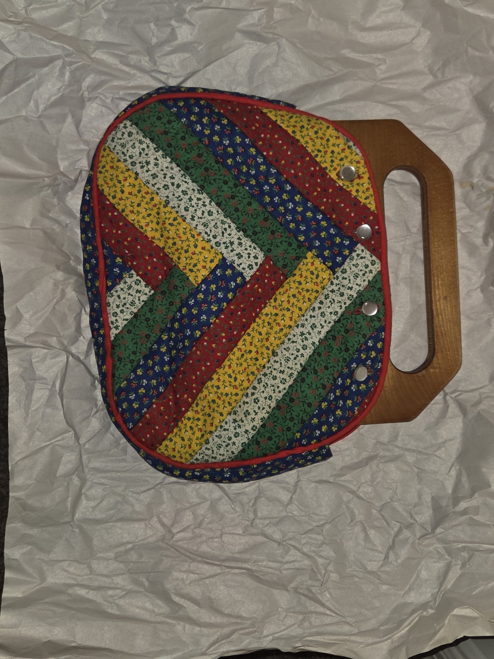 Rare 70s Vintage Multicolor Quilted Clutch with Wooden Handle Removeable Cover